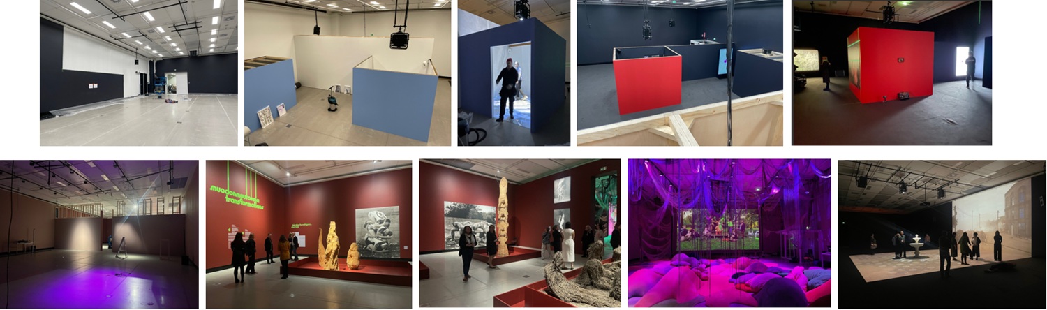 Ten images showing the construction of various art exhibitions.