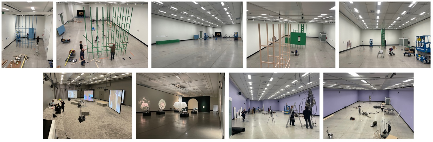 Nine images showing the construction of various art exhibitions.