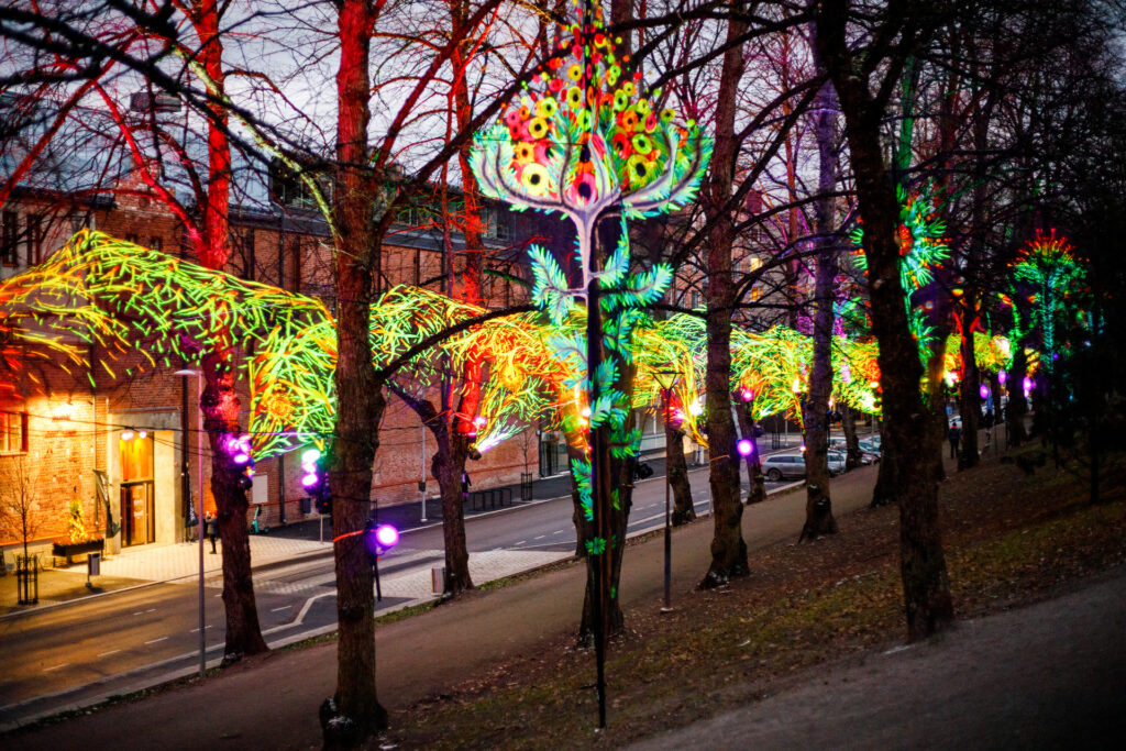 Light art on Väinö Hovila Park Road, outside Malva.
